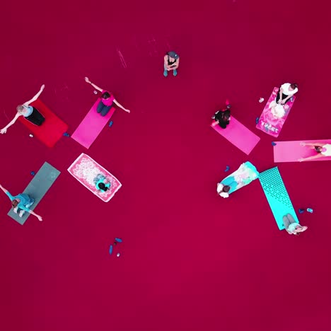 woman training on fitness mats. group of young people doing workout on the red background of a stadium. trainer shows exercises. top aerial view.