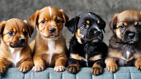 a group of four puppies sitting on top of a blue couch