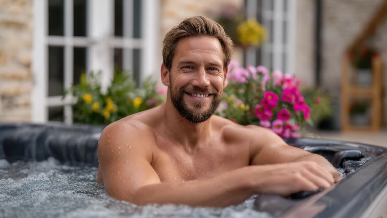Et afslappende øjeblik i et boblebad: En smilende mand nyder fritiden omgivet af smukke blomster på en varm dag