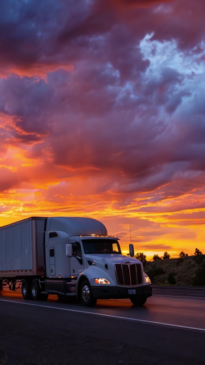 Um caminhão majestoso dirigindo ao pôr do sol com céus vibrantes e nuvens impressionantes, enfatizando a beleza da estrada durante o crepúsculo