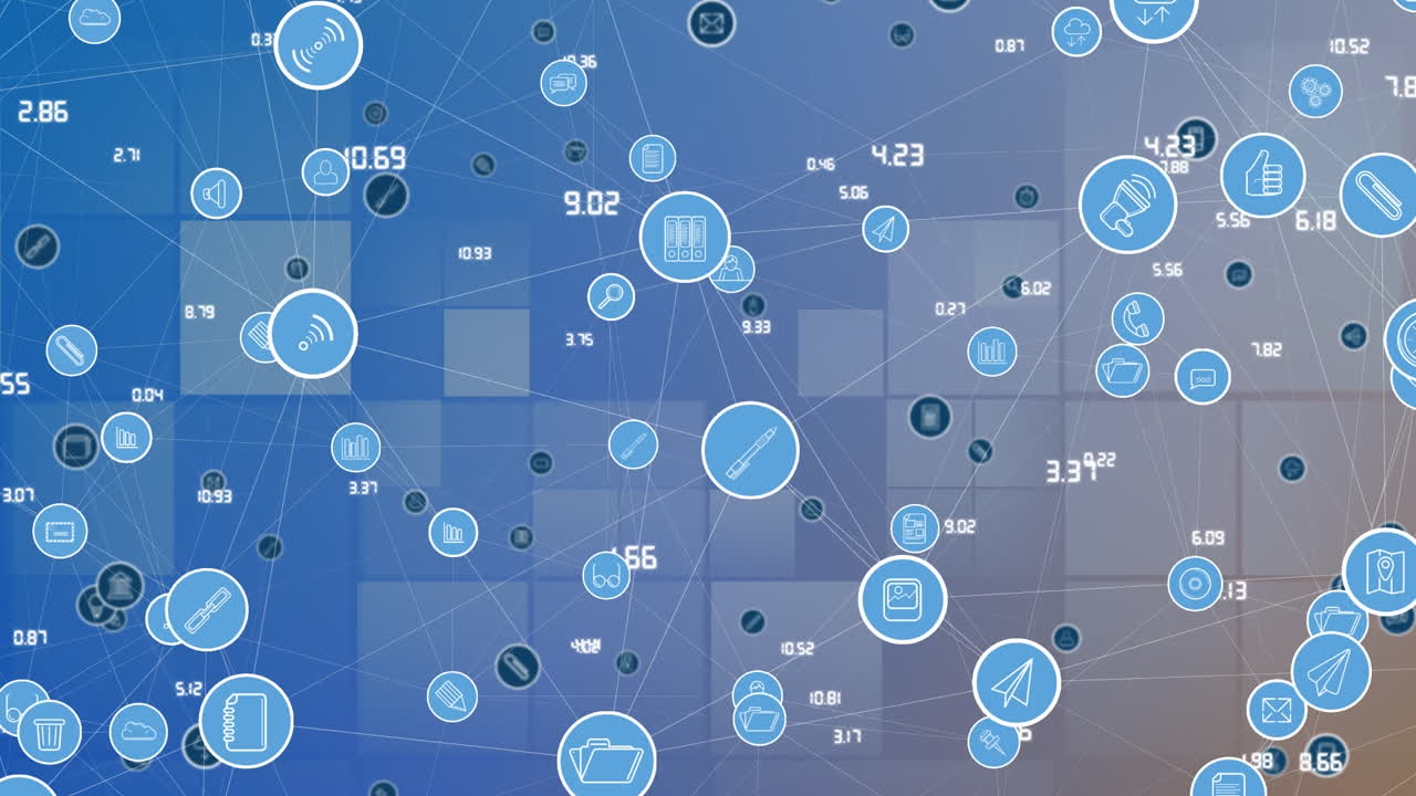 animación digital de una red de iconos digitales sobre formas cuadradas abstractas contra un fondo azul
