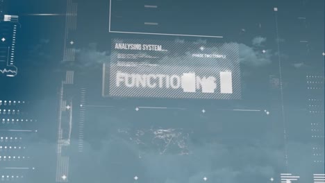 animation of computer language, loading bars, map, texts and graphs against cloudy sky