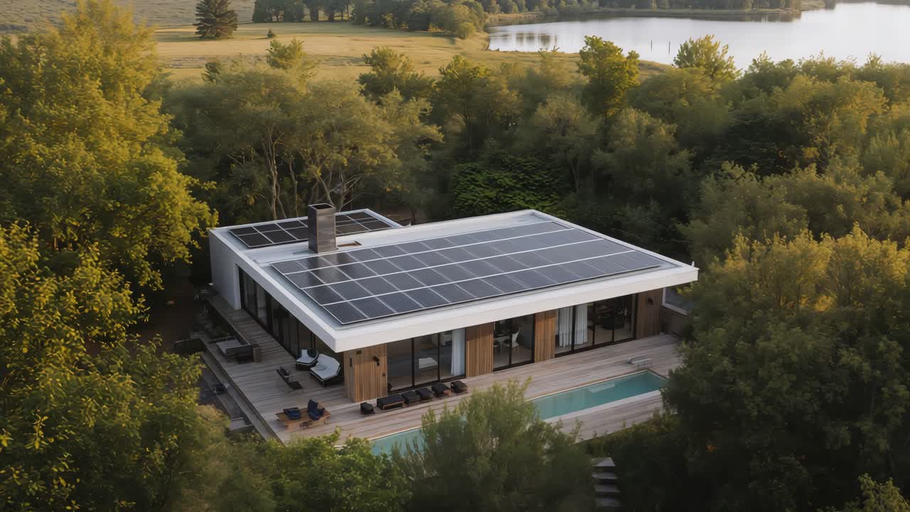 Launching drone drifting over modern house in lakeside clearing, showing solar panels deck pool