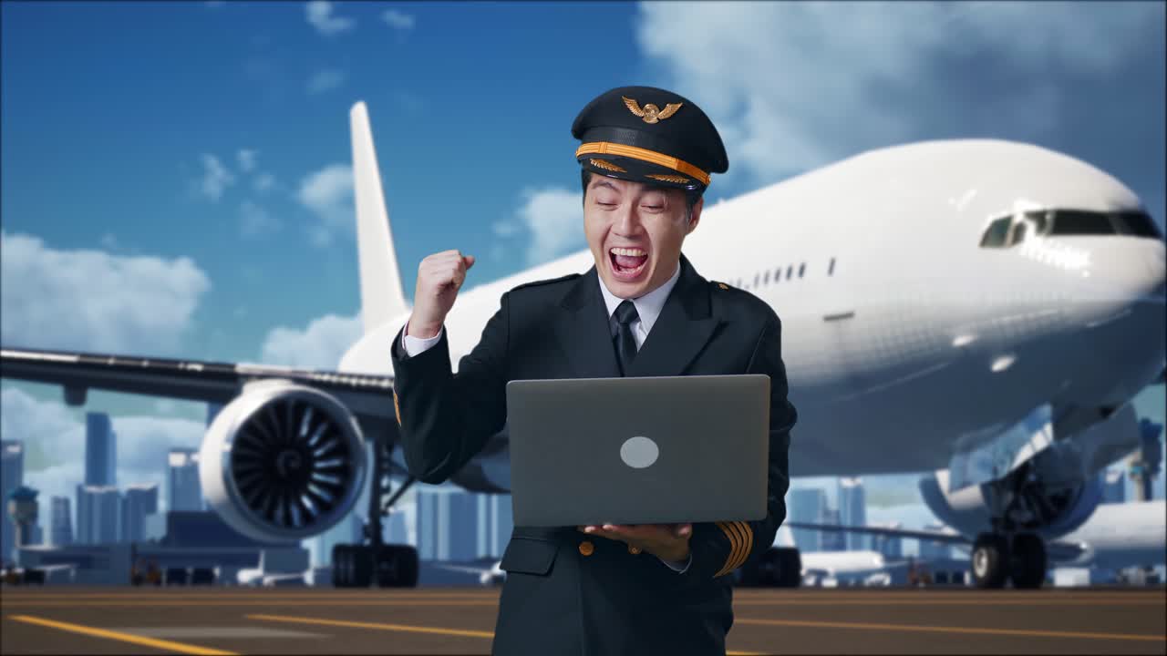 아시아인 조종사가 노트북을 보고 비명을 지르며 골을 축하하고 공항에 서서 배경에 비행기를 가지고 있습니다.