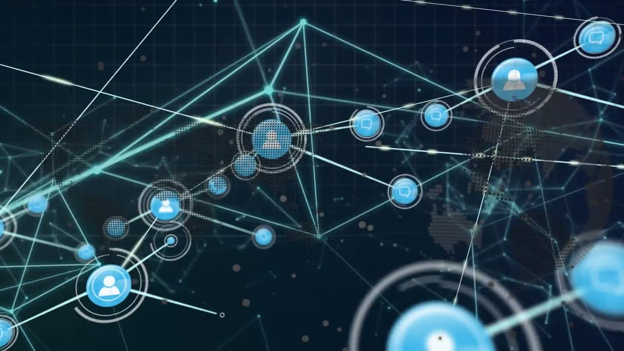 animación de la red de iconos digitales y redes de plexus contra un fondo azul