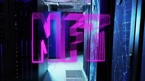 3D neon-pink AI symbol hovering at center while server racks glowing with blue lights