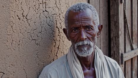 weathered elderly man standing against cracked wall, embodying wisdom, resilience, and timeless human experience through serene, powerful presence