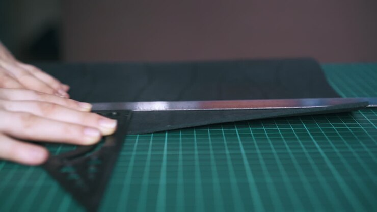 Un designer professionista misura un tessuto di pelle nera, in primo piano.