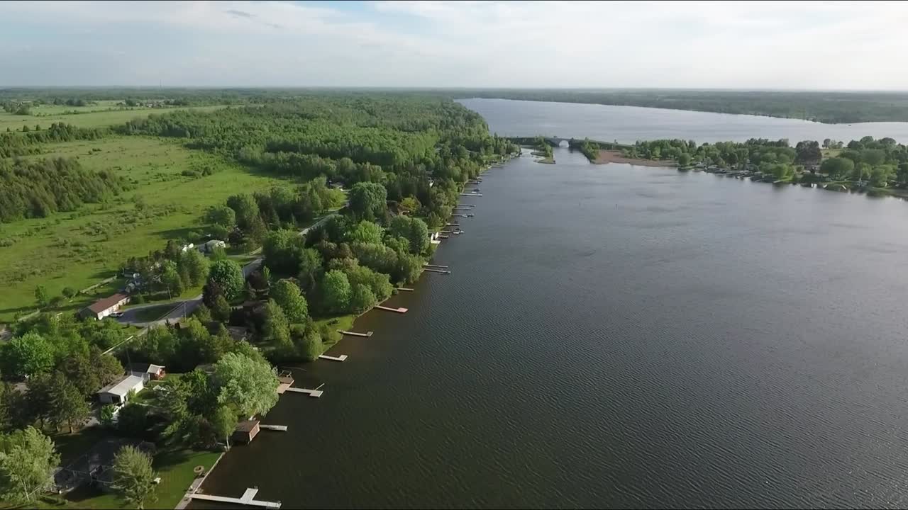 Drone in volo su un lago a Kawartha in estate