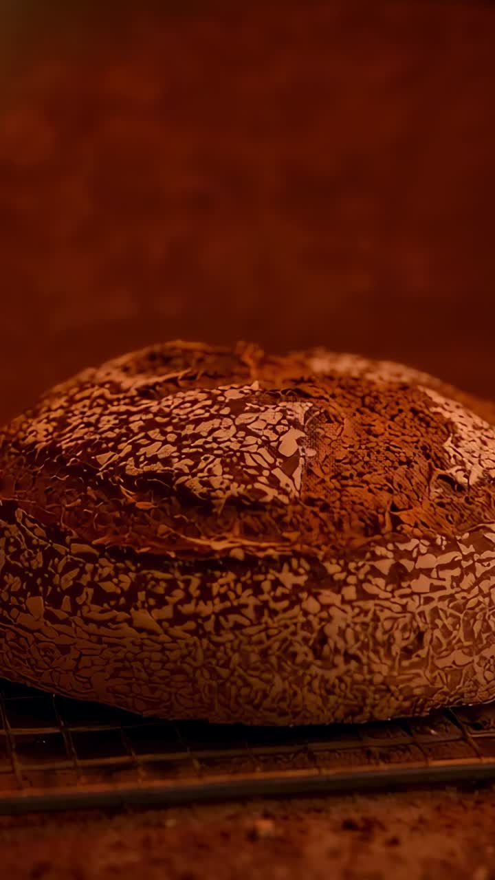 Vertical video: Cooling round sourdough loaf steaming after baking on wire rack in warm light
