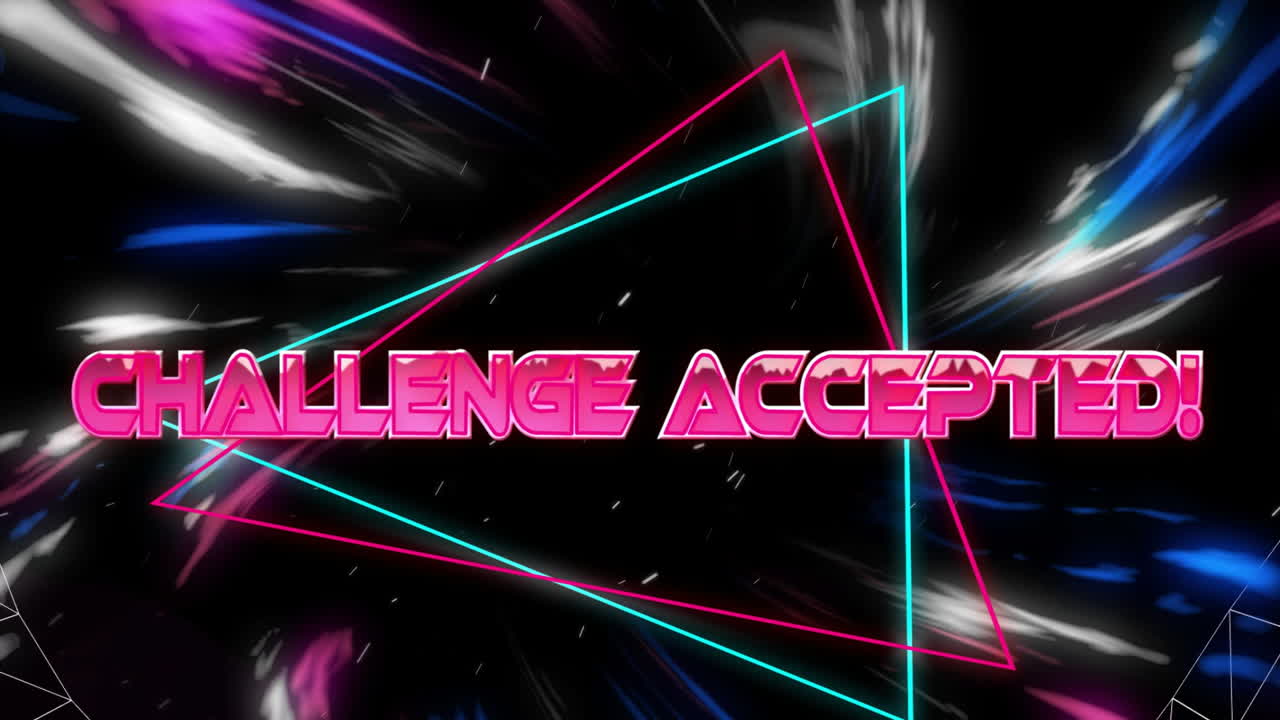 Challenge Accepted! text animation over neon geometric shapes and dynamic background