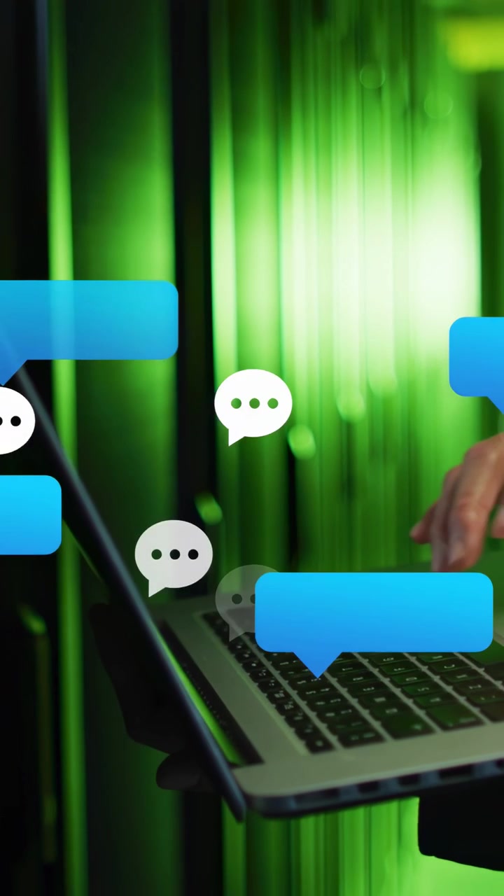 Mano destra che inizia a digitare, uomo che digita su un laptop, interfaccia utente della chat che si espande e copre i tasti per la messaggistica.