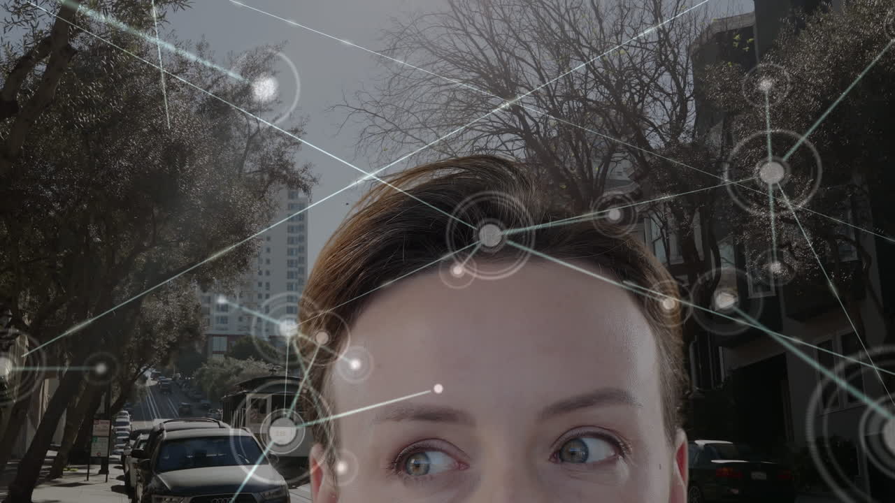 анимация кавказской предпринимательницы и сеть связей по городскому пейзажу