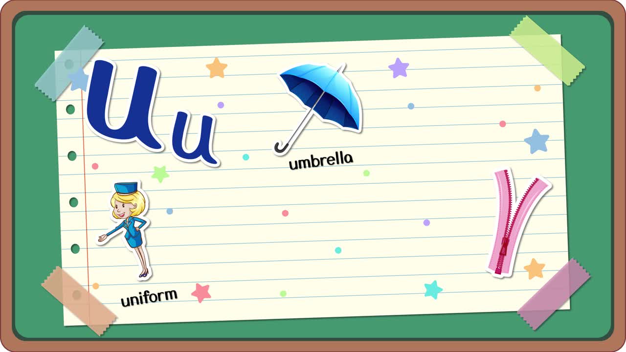 Animated educational video teaching the letter U with various objects on a green chalkboard