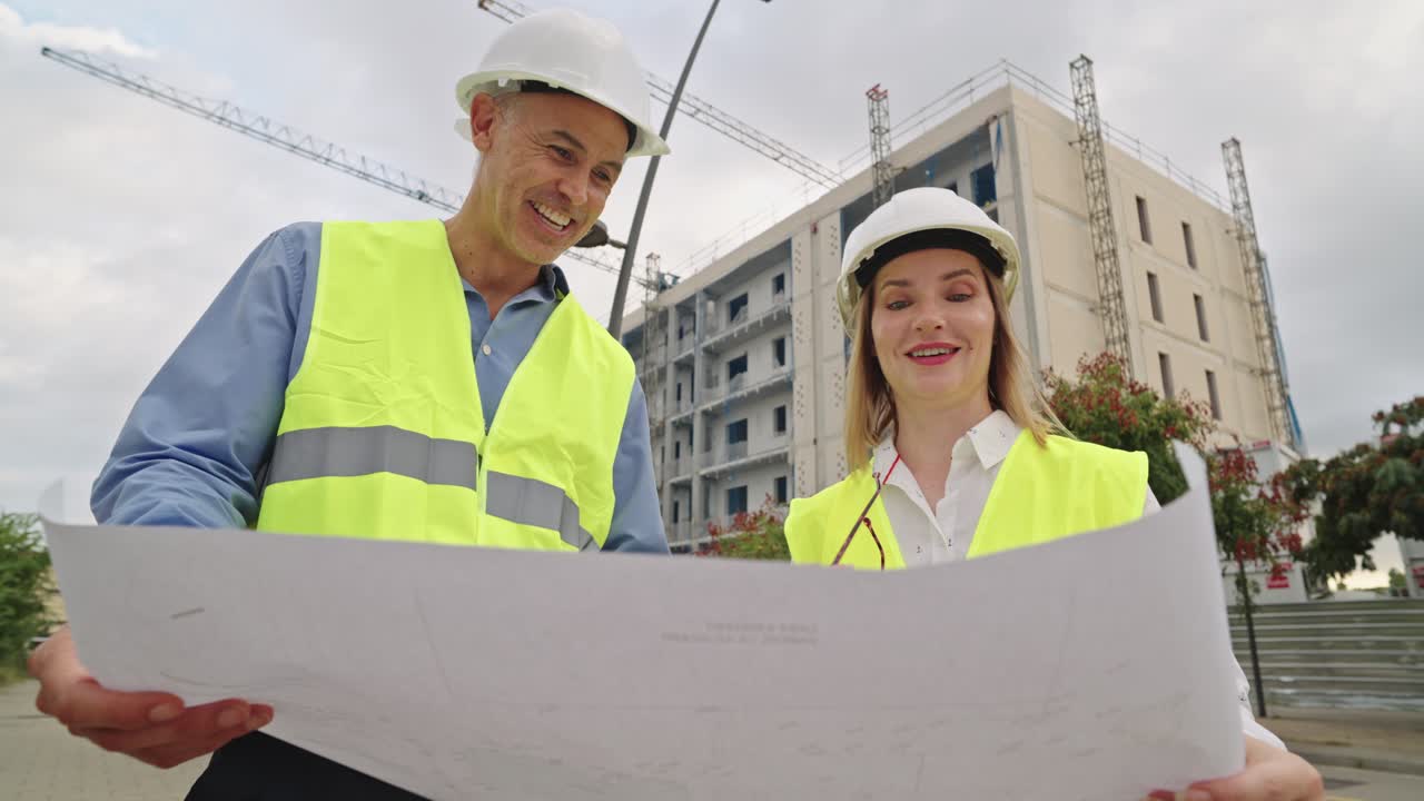 Construction workers reviewing blueprints on site
