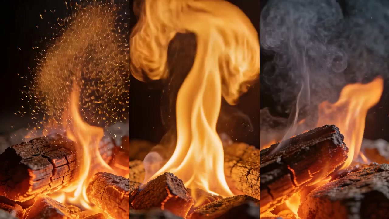 Glødende gløder antænder forkullet træ, sender orange flammer op fra ildstedet, der udsender gnister og røg.
