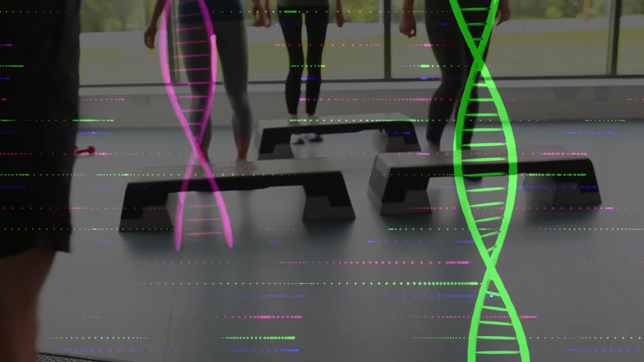 Foreground person initiating step, legs marching toward steps for class exercise with DNA overlays