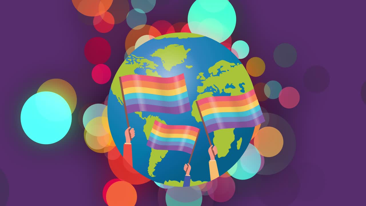 보라색 바탕에 전 세계를 가로지르는 무지개  ⁇ 발의 애니메이션