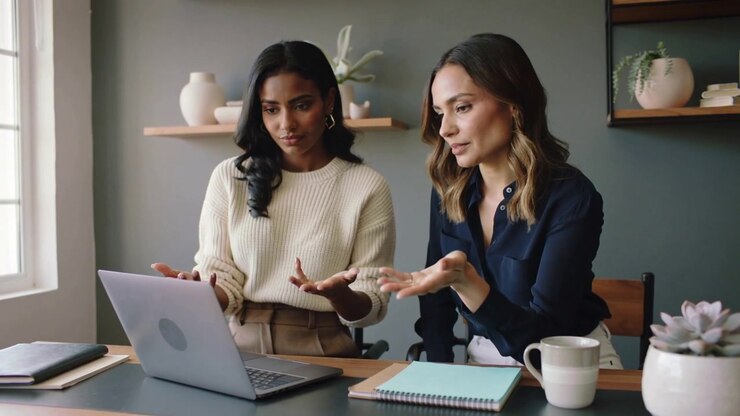 Typing left woman in cream sweater after laptop prompt, navy-bloused right woman gesturing at desk