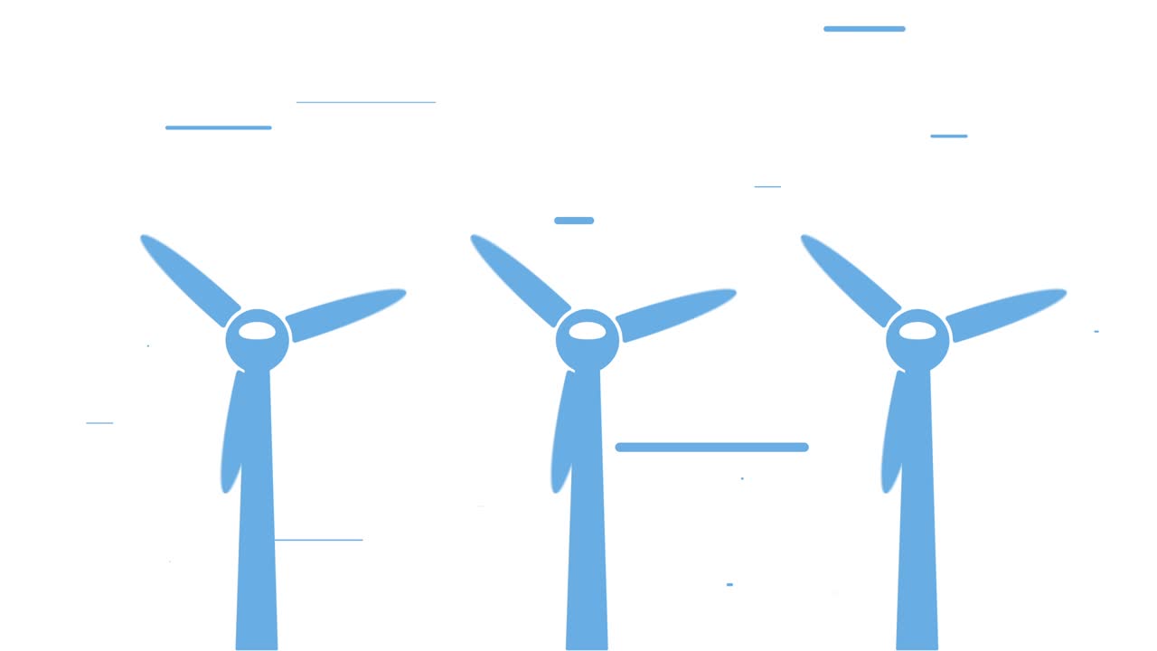 세 개의 풍력 터빈, 회전하는 풍력 터핀과 함께 간단한 애니메이션