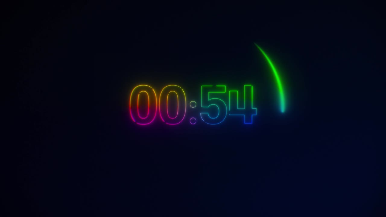 Rainbow Neon Light 60 Seconds Countdown on black background. Running dynamic light. Timer from 60 to 0 seconds. 1 minute countdown. 30 or 10 seconds. Rainbow Speed running circle light
