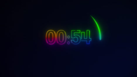 rainbow neon light 60 seconds countdown on black background. running dynamic light. timer from 60 to 0 seconds. 1 minute countdown. 30 or 10 seconds. rainbow speed running circle light
