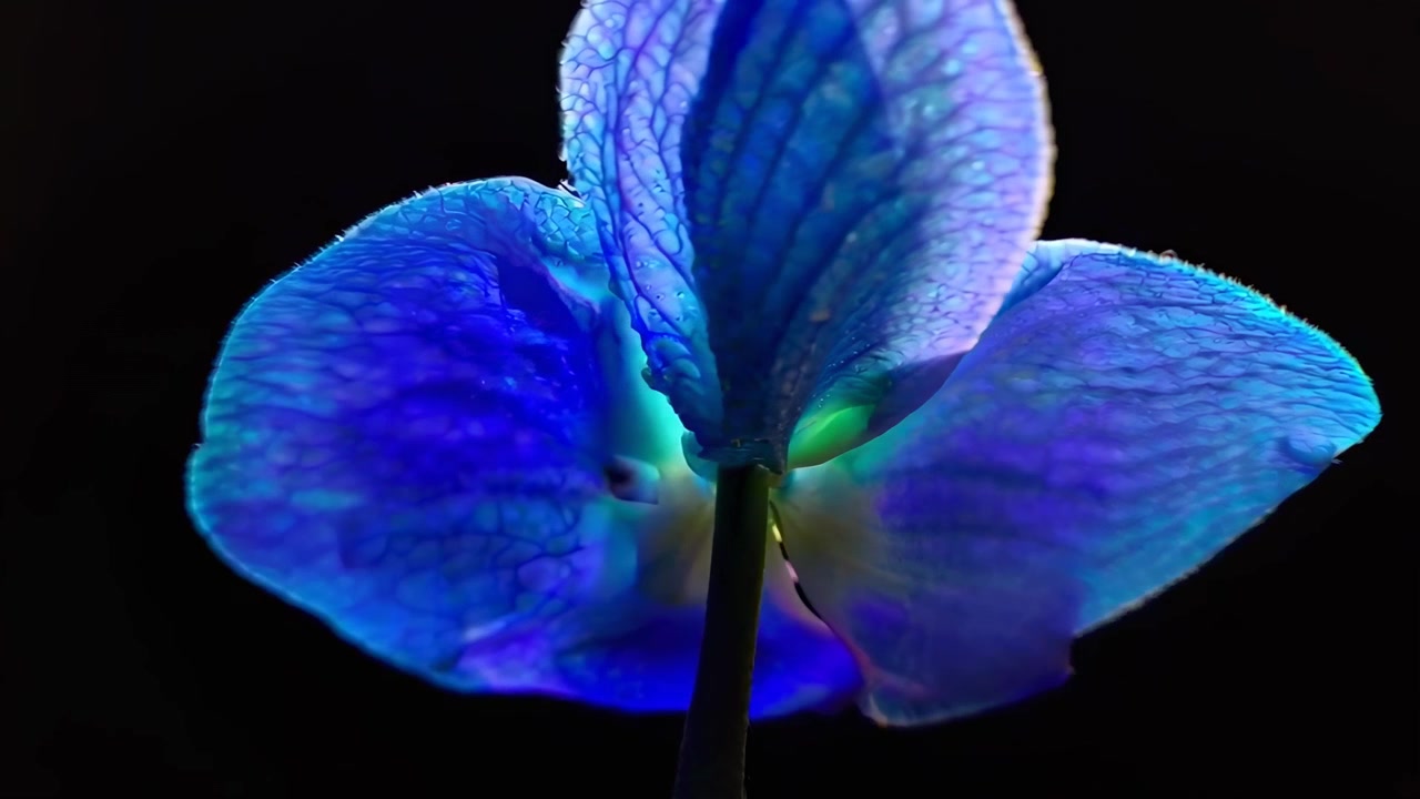 Close-up of a Blue Orchid Flower with Water Droplets Rotating on Black Background