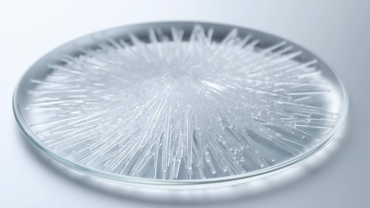 Close-up motion showing glass petri dish on pale studio surface containing dense radial crystalline formation whose translucent spikes gradually resolve into sharp faceted tips with cool diffuse light