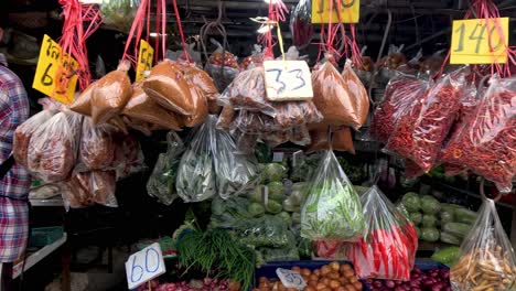 colorful display of vegetables and meats at a market