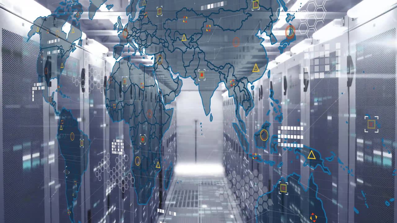 Animation of world map and digital data processing over computer servers
