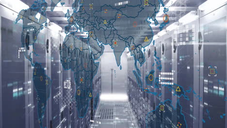 animation of world map and digital data processing over computer servers