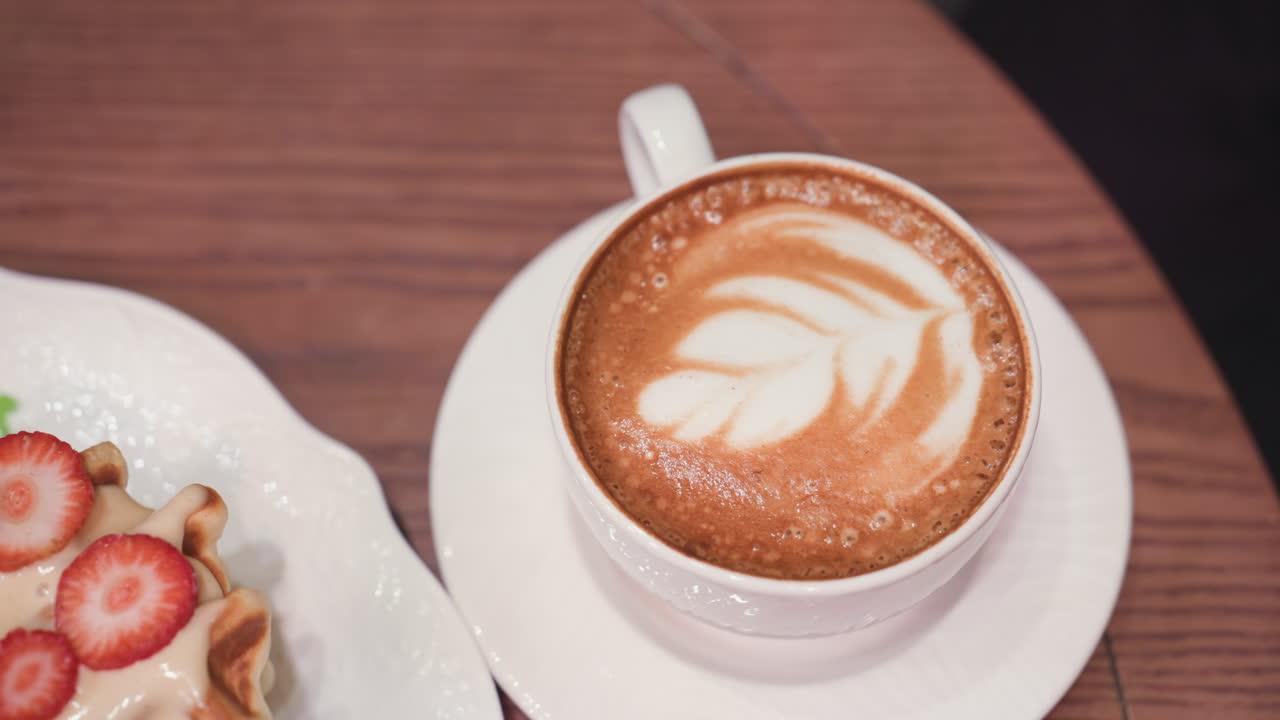 Top view of latte with leaf-shaped foam art in white cup beside plate of golden waffles topped with cream and strawberry slices, placed on brown wooden table in warm indoor cafeteria setting