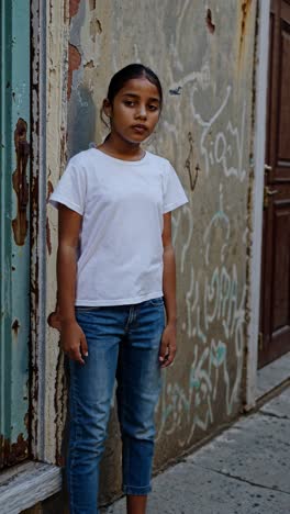 girl standing in front of a graffiti-covered wall