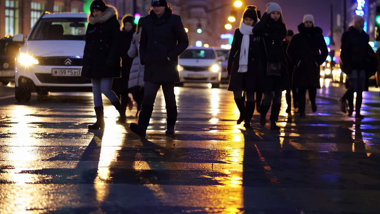 People Crossing a Wet City Street at Night