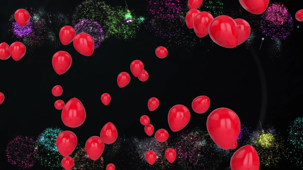 Animación de globos rojos y fuegos artificiales sobre fondo negro