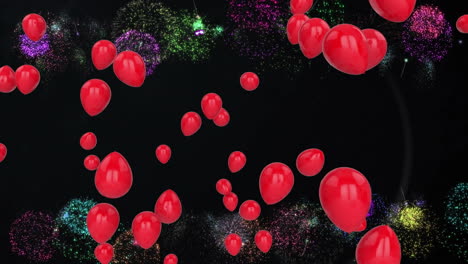 animación de globos rojos y fuegos artificiales sobre fondo negro
