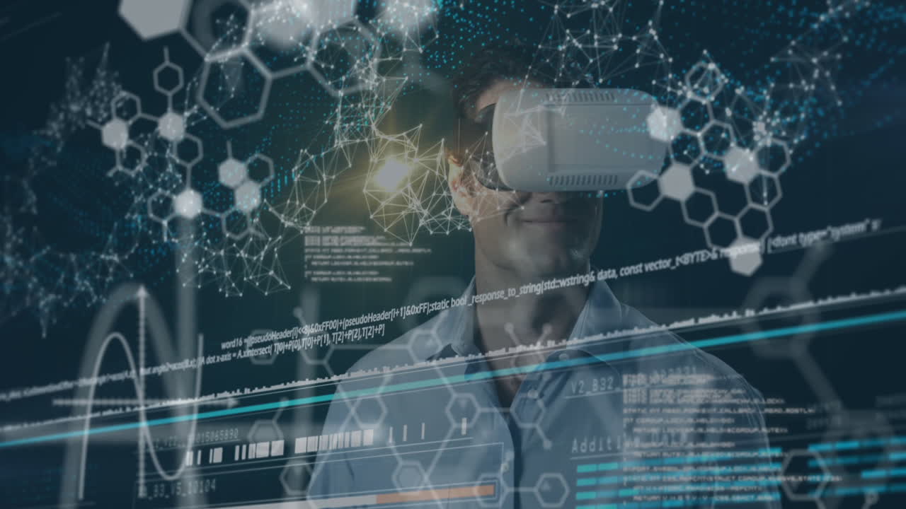 Scientific data with man wearing VR headset in a background 4k
