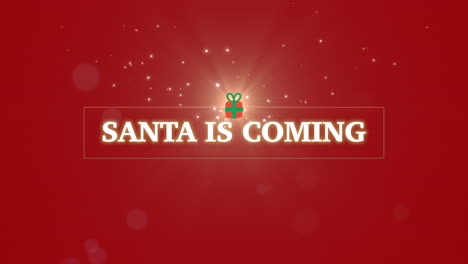 Santa-Is-Coming-with-gift-box-and-fly-glitters-on-red-gradient