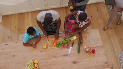 vista aérea de tres generaciones de una familia afroamericana cortando verduras en la cocina en casa