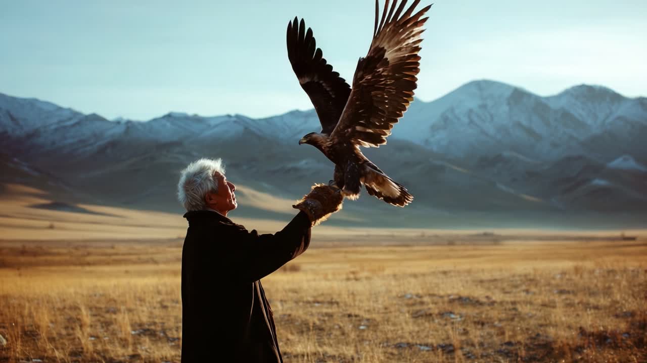 A master falconer stands in a stunning landscape, gracefully holding a majestic eagle aloft against the breathtaking backdrop of mountains and golden plains at dawn