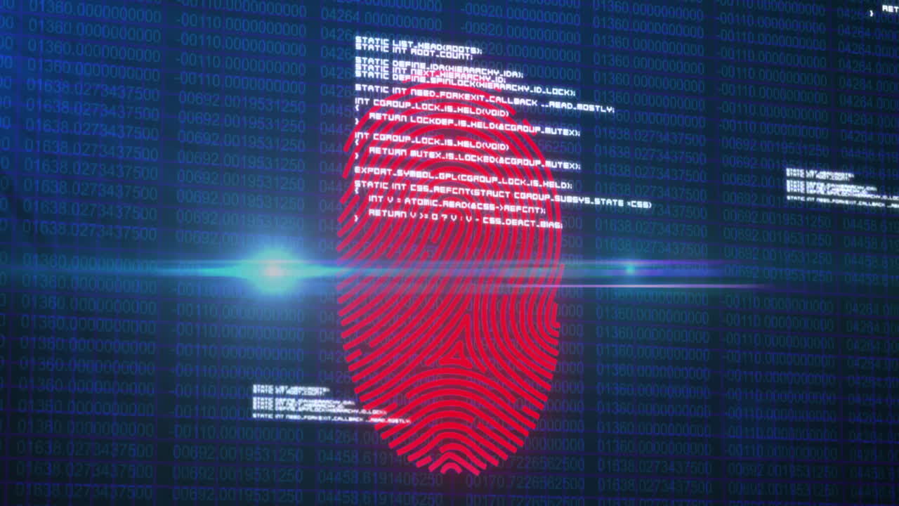 Animation of fingerprint scanning with lens flare and computer language over blurred binary codes