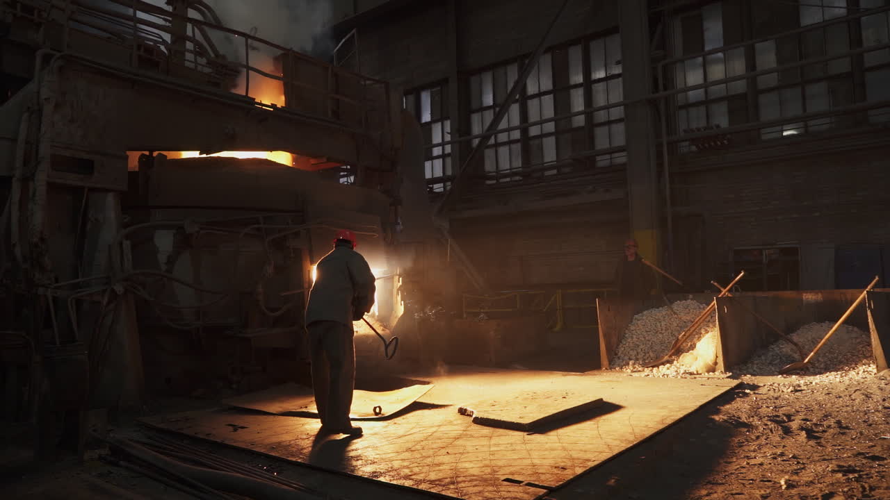 오븐 을 운영 하는 철강 공장 노동자 들