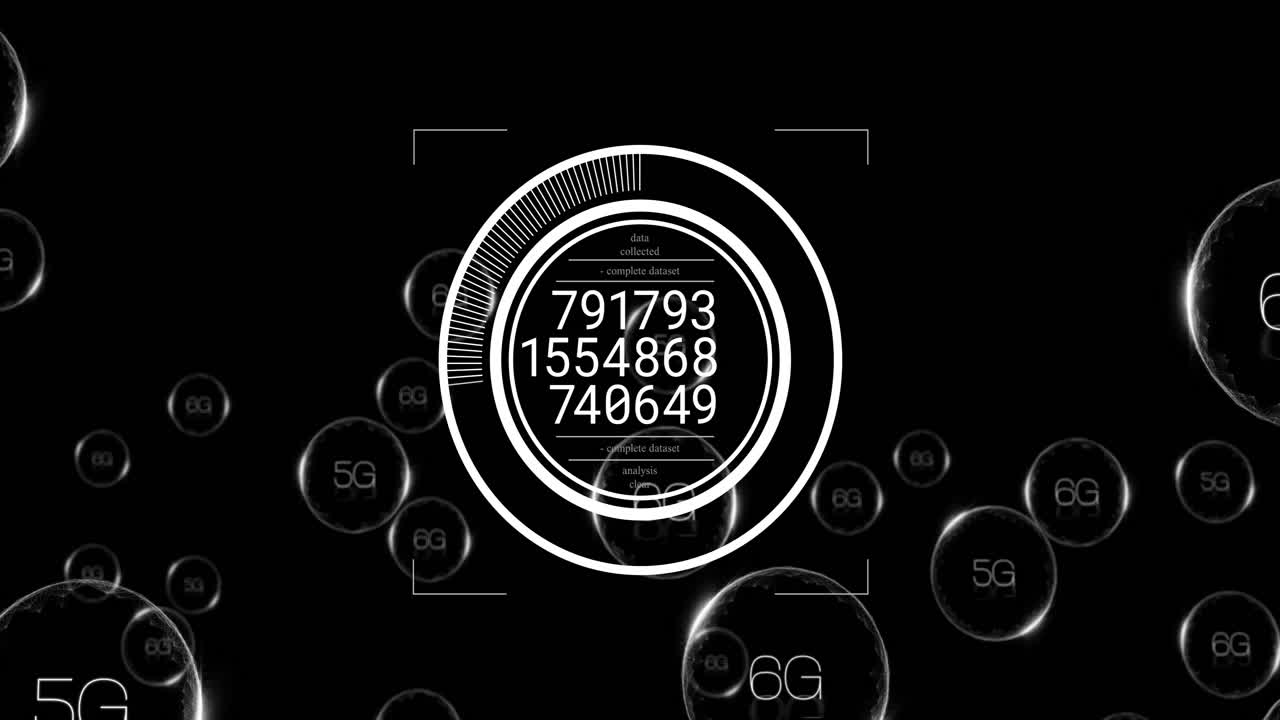 Animation of digital data with 5G, 6G network concepts over black background