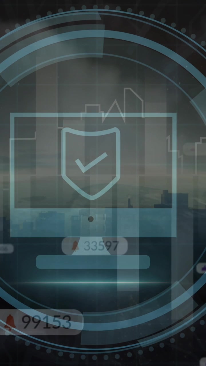 Animation of icons and data processing over cityscape