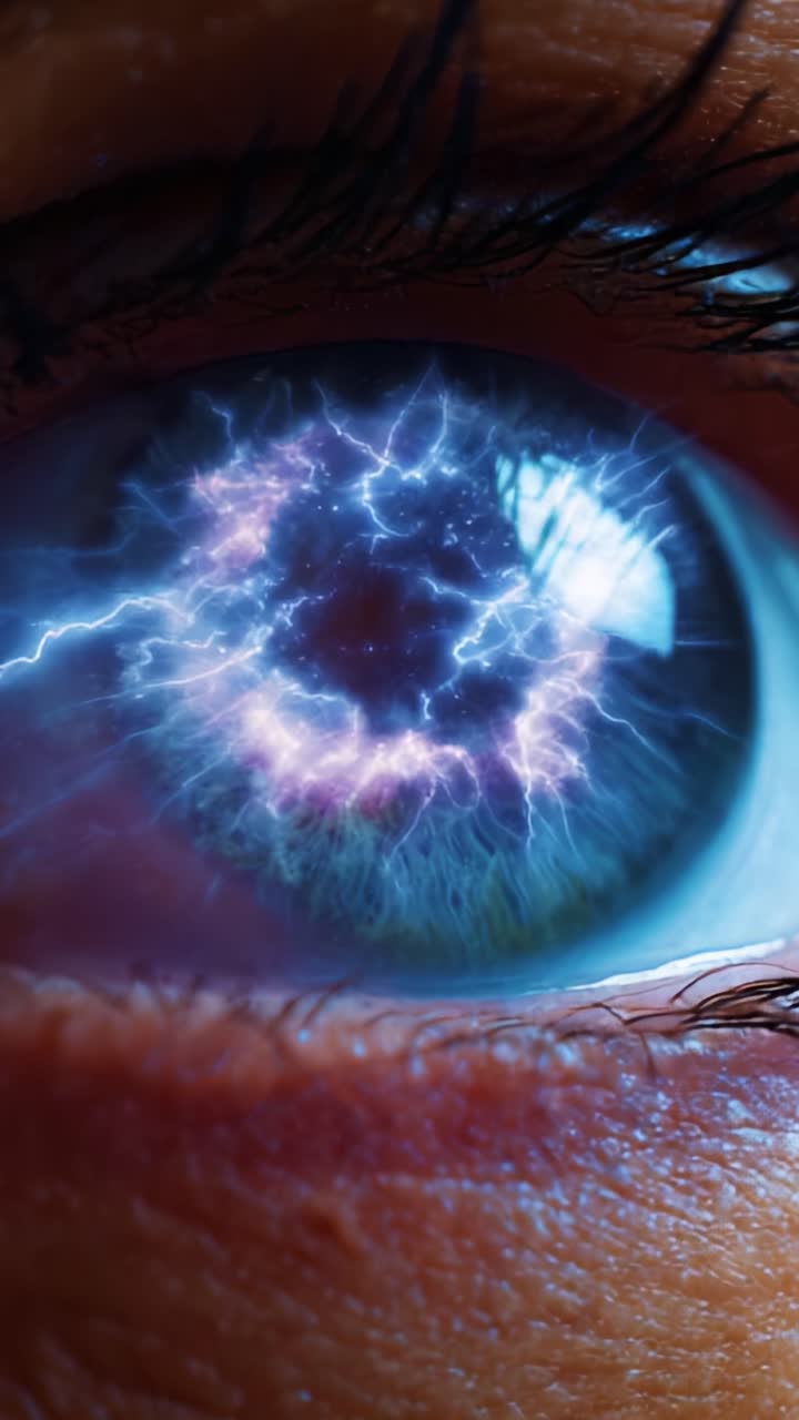 Occhio accattivante con energia elettrica: uno straordinario primo piano di un occhio con impulsi tempestosi di luce dinamici e scariche elettriche colorate nell'iride