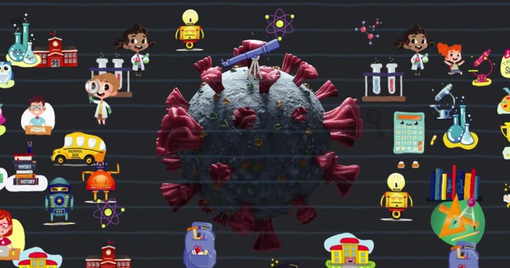 Animation of virus cell over school icons