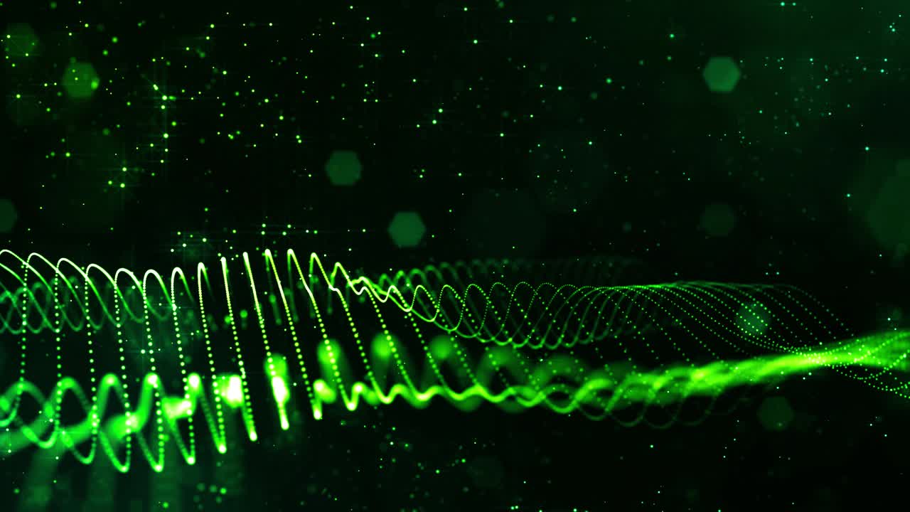 4k looped sci-fi green background with bokeh and light effects. Glow green color particles form lines, surfaces, string structures as virtual space or hologram for HUD screen. 9