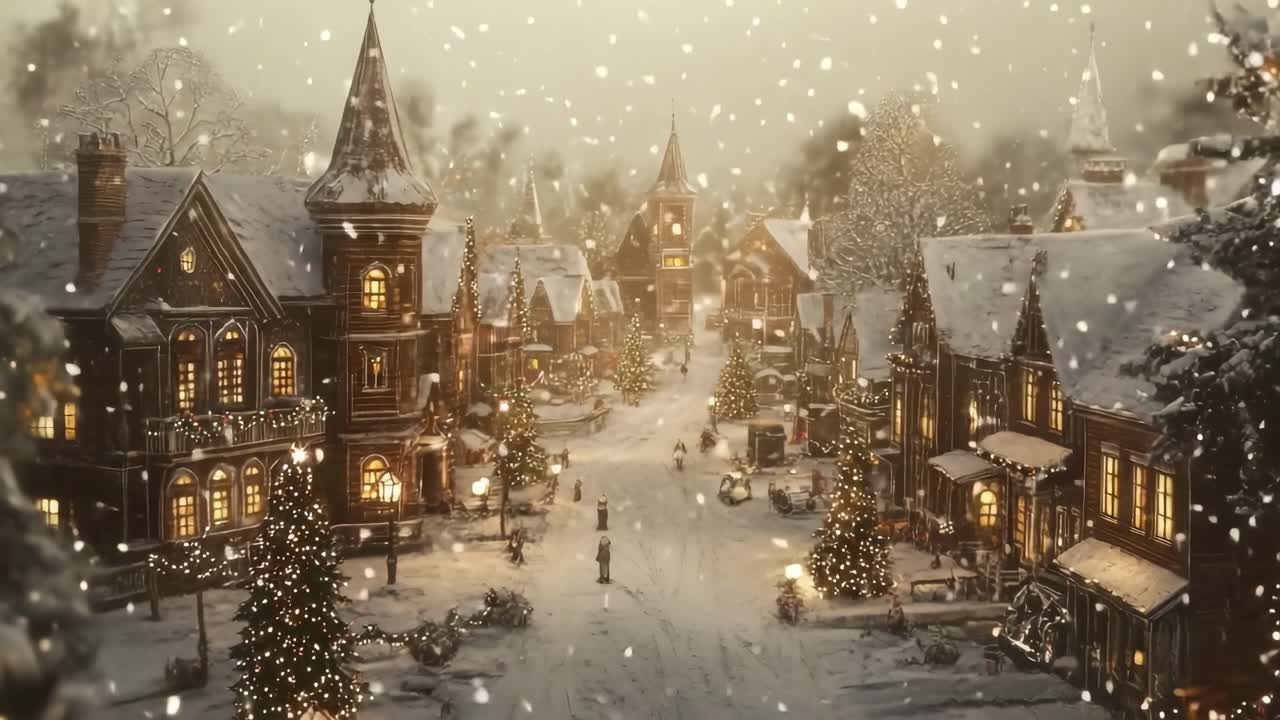 Aerial view of a snow-covered, festive village at dusk. Warm lights glow from windows
