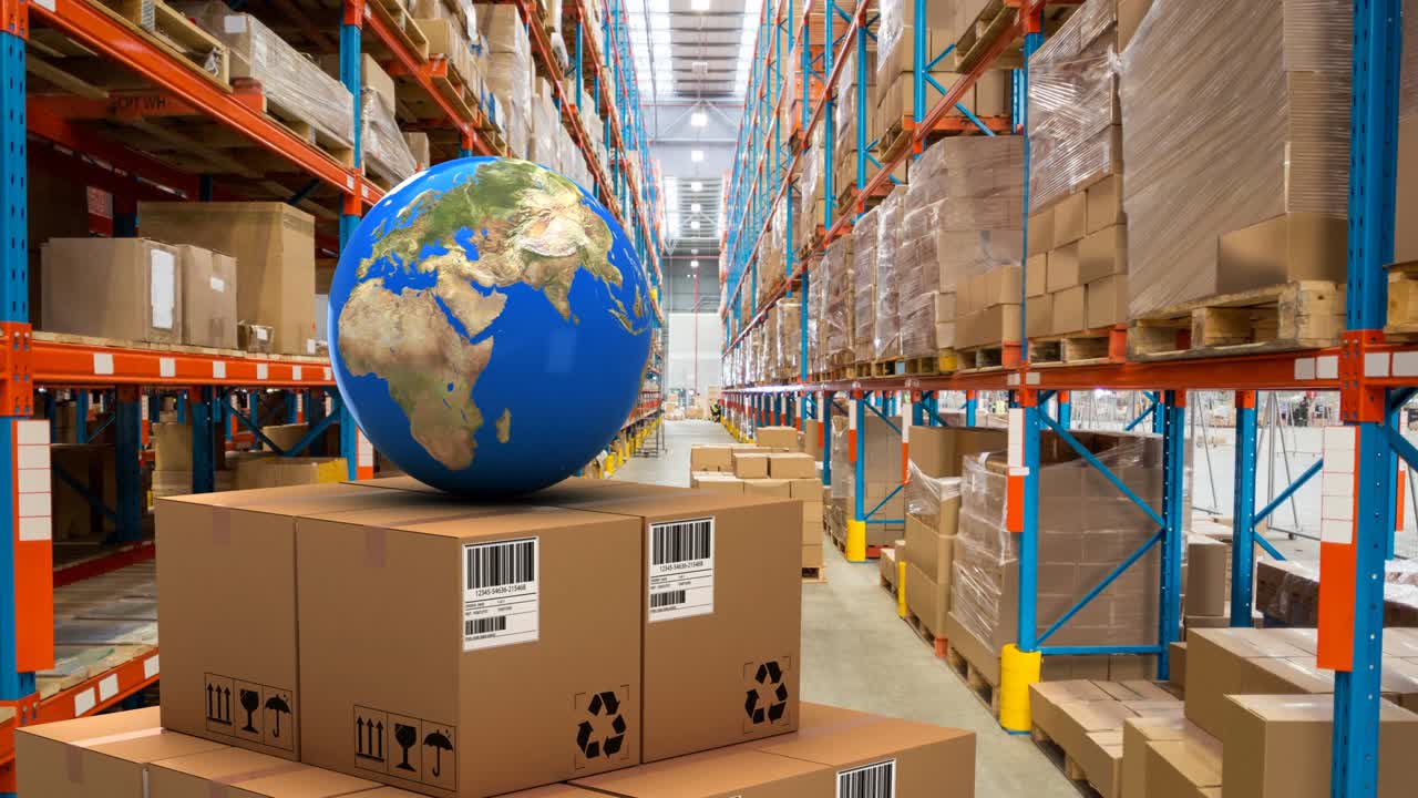 animación del globo en cajas de cartón que se mueven sobre el almacén