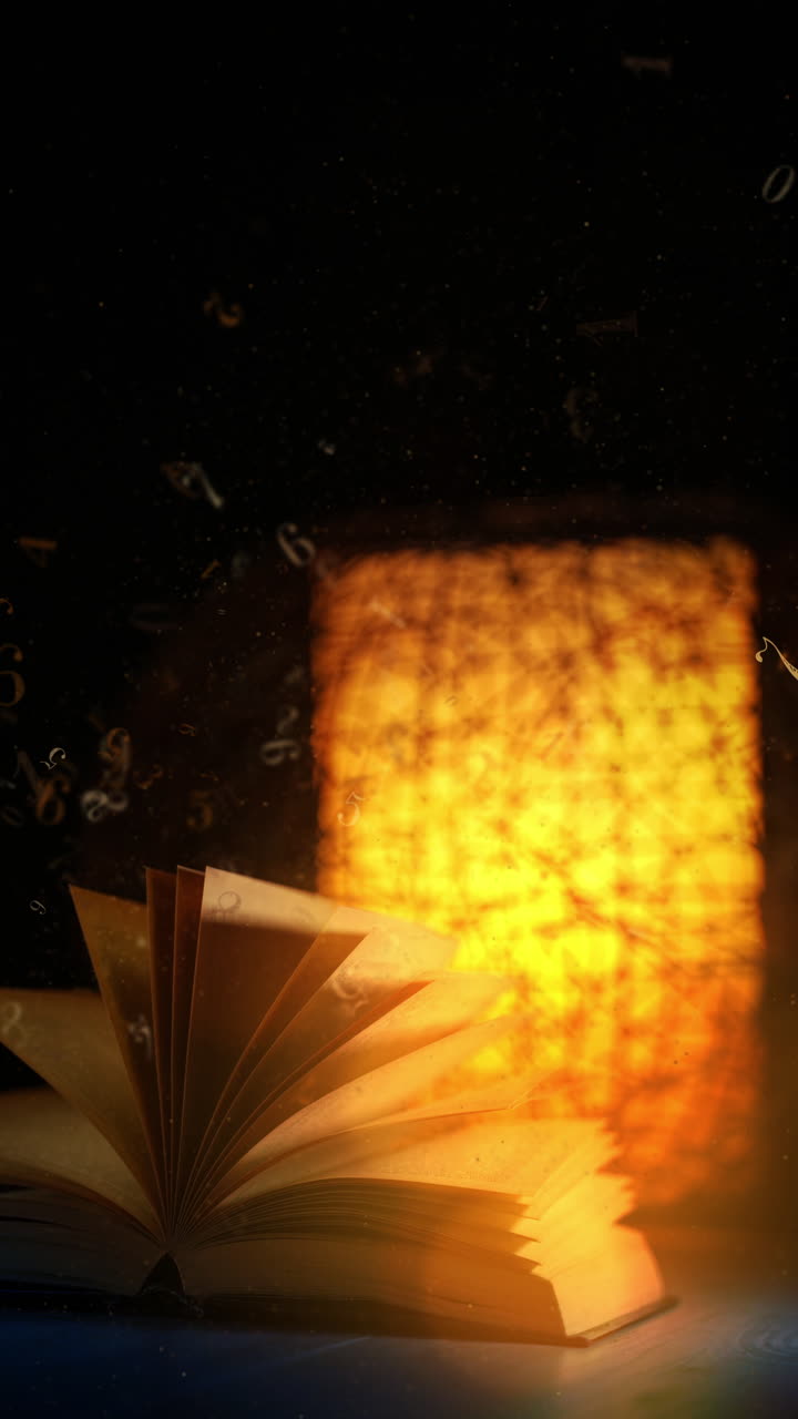Open vintage book on table against decorative lamp background. Flying numbers and glowing particles. Vertical video.
